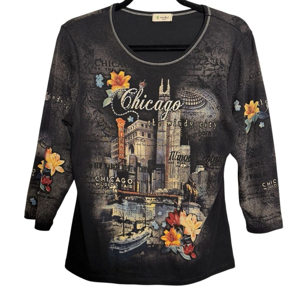 Chicago Skyline Floral Rhinestone Graphic Tee Y2K Tourist USA Made L